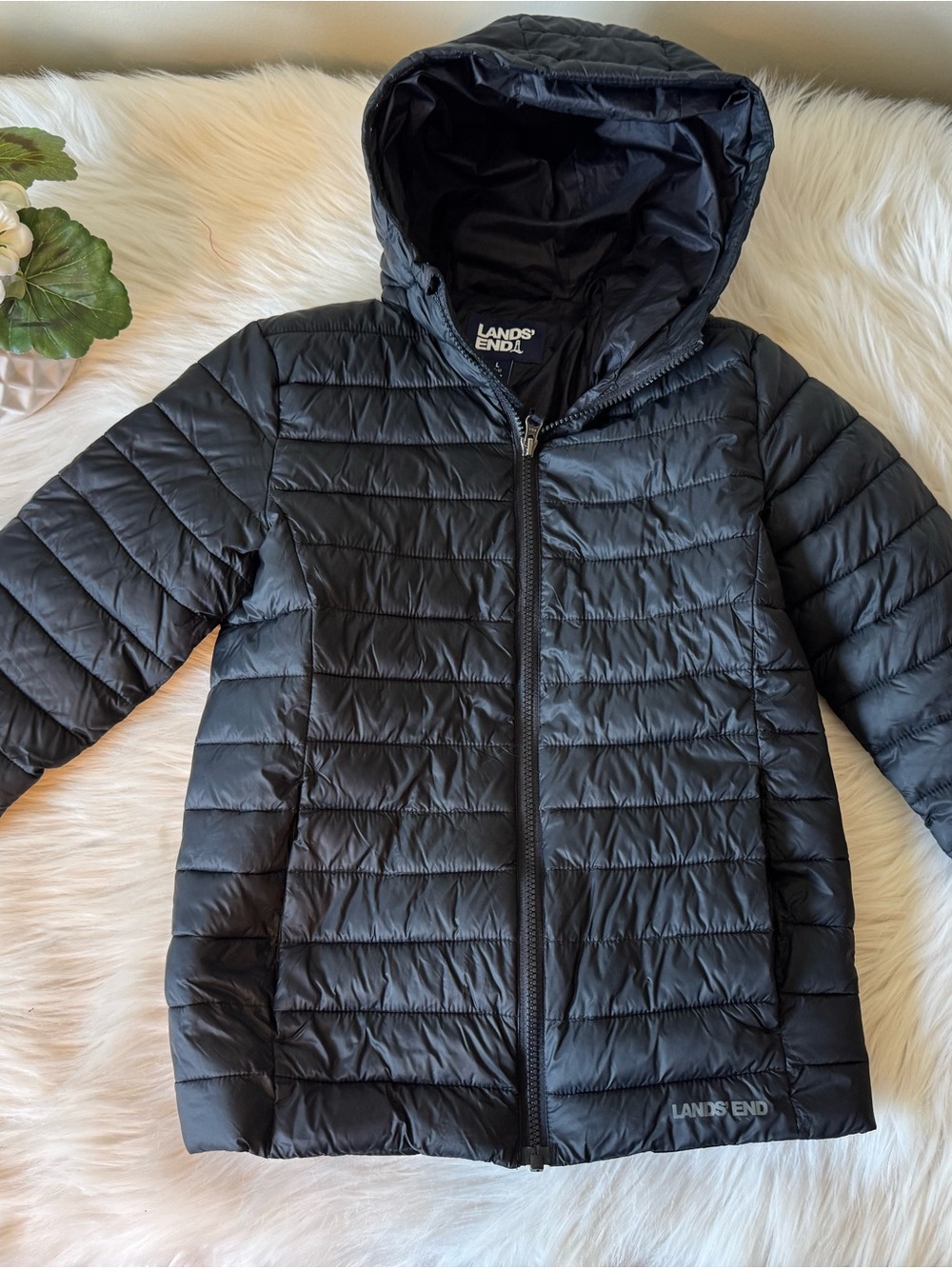 Lands' End Kids Black Hooded Packable Puffer Jacket